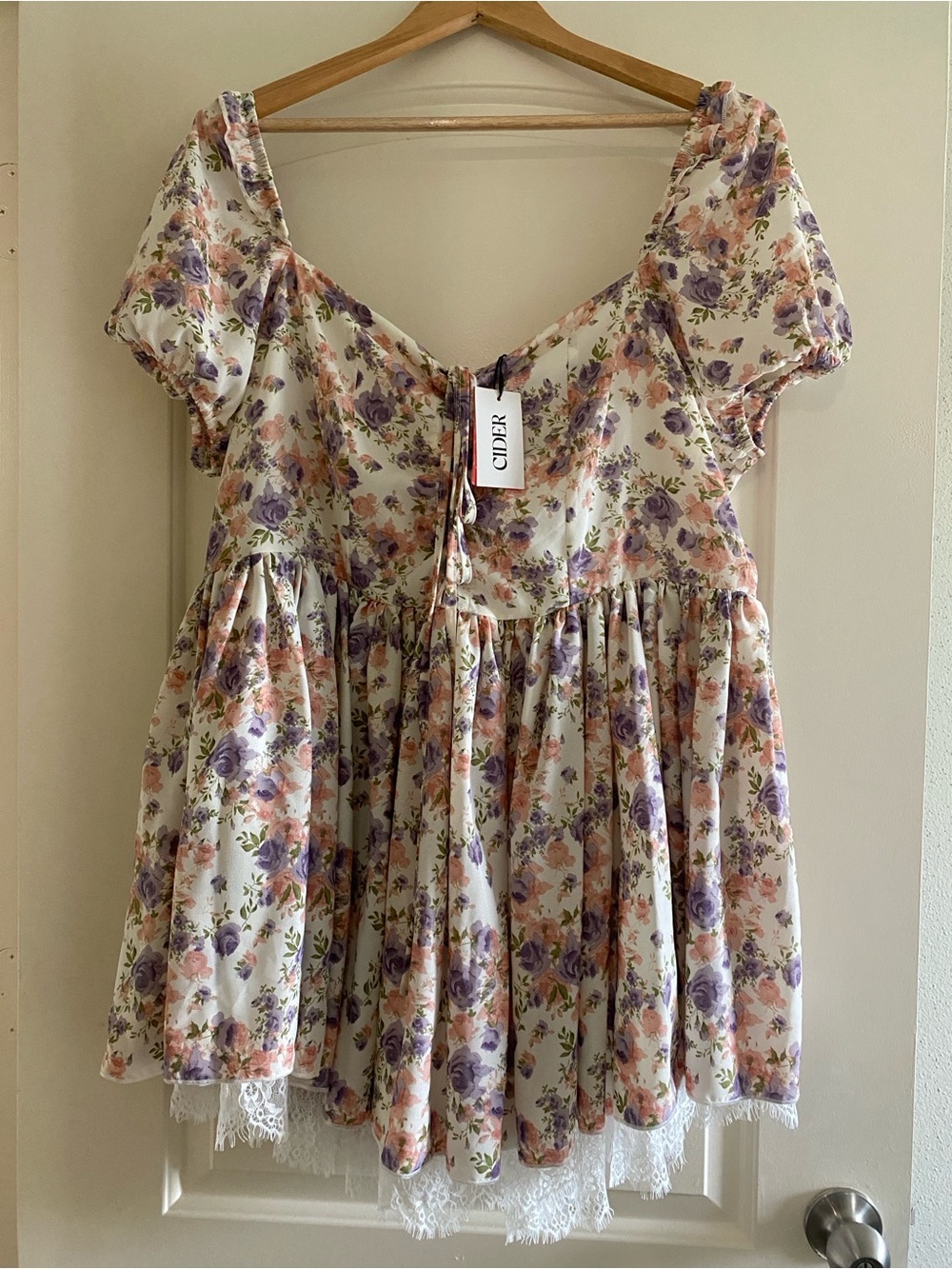 NWT Cider Cream Floral Puff-Sleeve Peplum ROMPER with Purple & Pink Roses